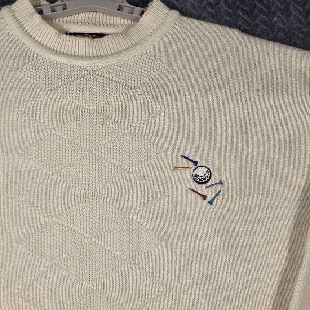 Vintage Nutmeg Mills Golf Sweater Men's Large Cream Made In USA 90s  Embroidered